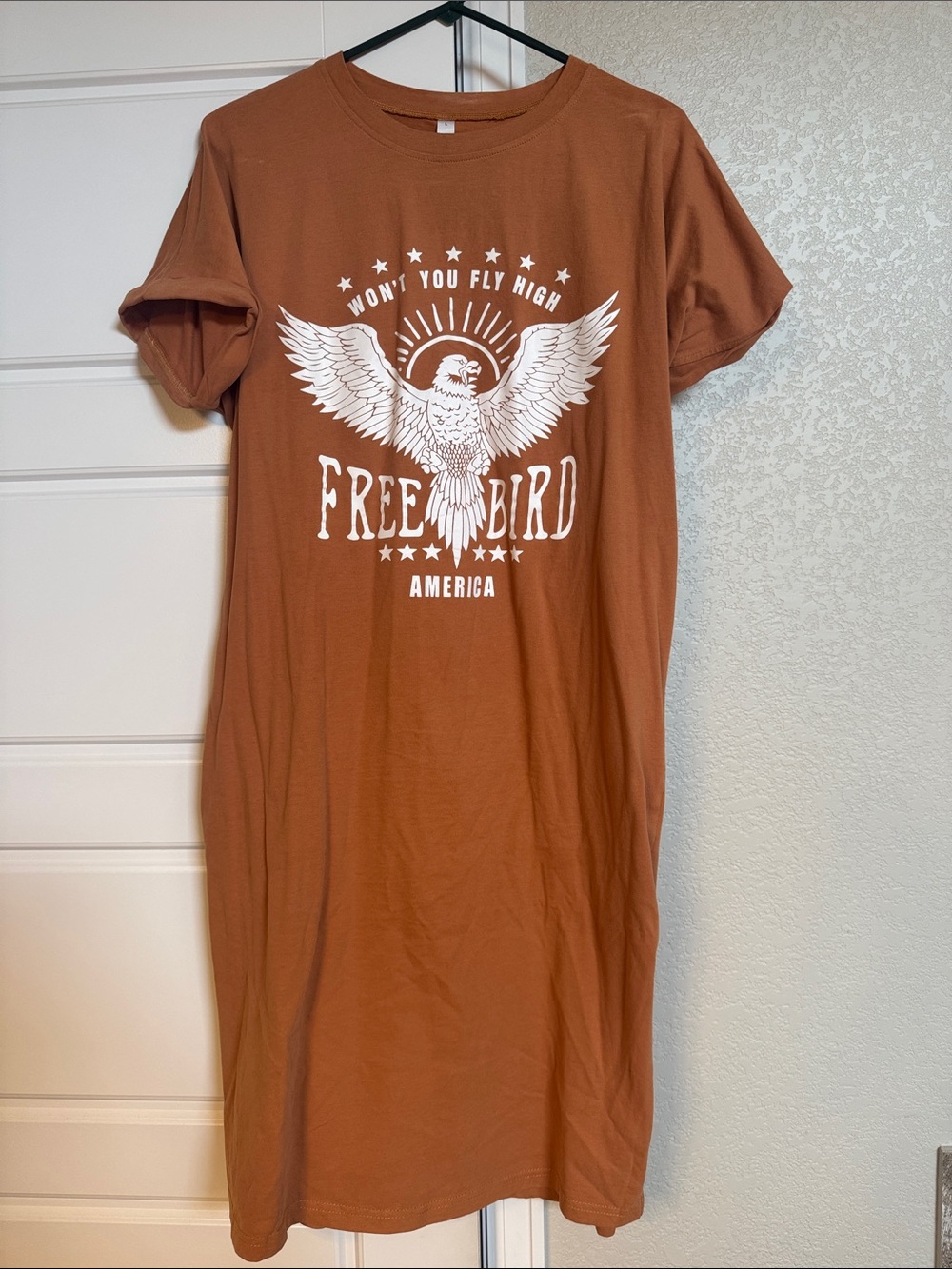 Free Bird Graphic Tee Dress - Rust with White Print